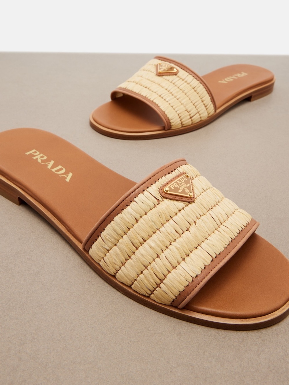 Prada Raffia Slide Sandals in Naturale Tan and Brown NWOB